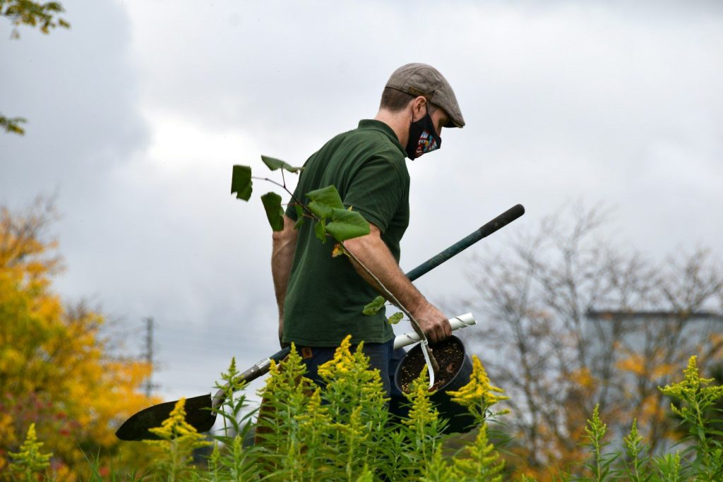 Gardener in a green work shirt carrying garden tools across a lawn